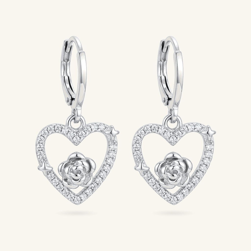 [VACORD036278] Aretes Corazón Rosa Radiante · Baño de Rodio