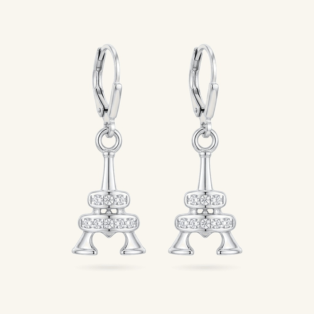 [VACORD036311] Aretes Colgantes Torre Eiffel · Baño de Rodio
