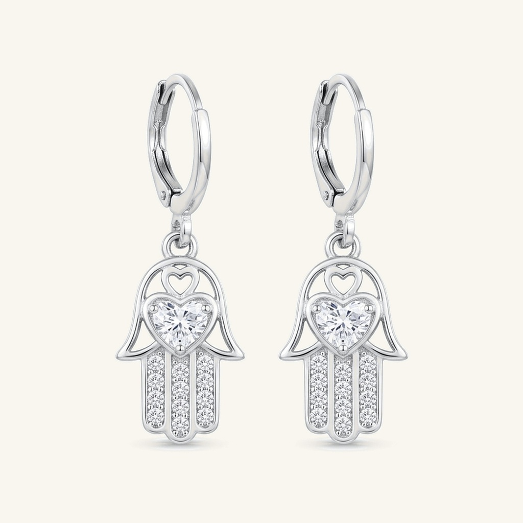 [VACORD036312] Aretes Hamsa Corazón Brillante · Baño de Rodio