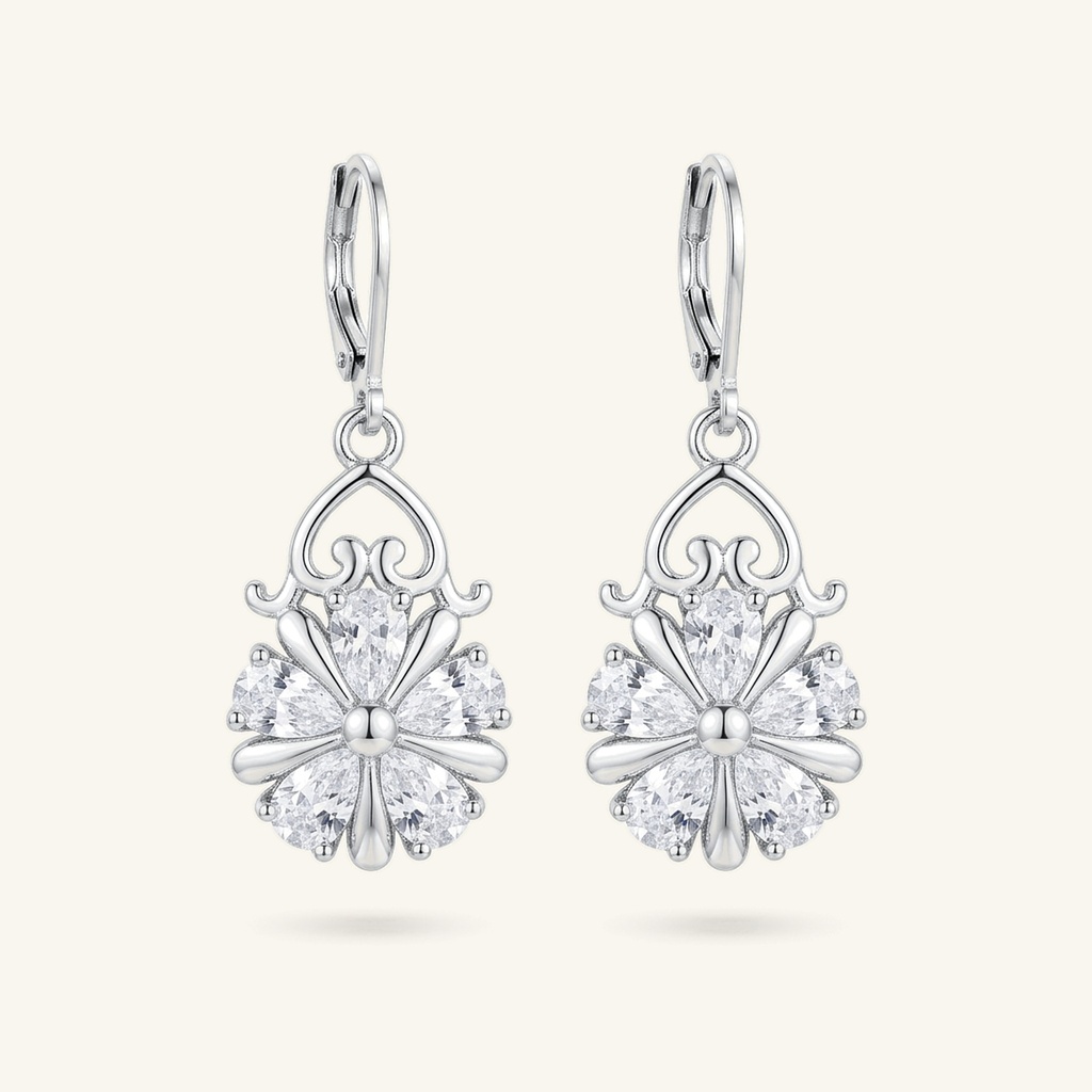 [VACORD036317] Aretes Flor Cristal Brillante · Baño de Rodio