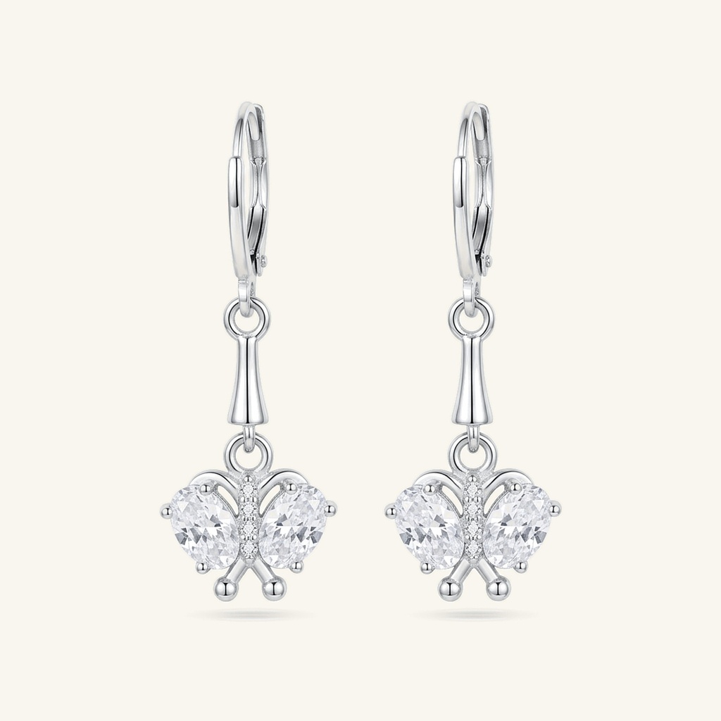 Aretes Colgantes Mariposa Cristal · Baño de Rodio