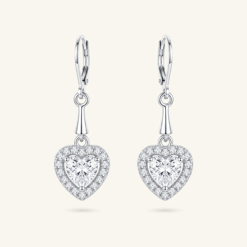 Aretes Colgantes Corazón Brillante · Baño de Rodio