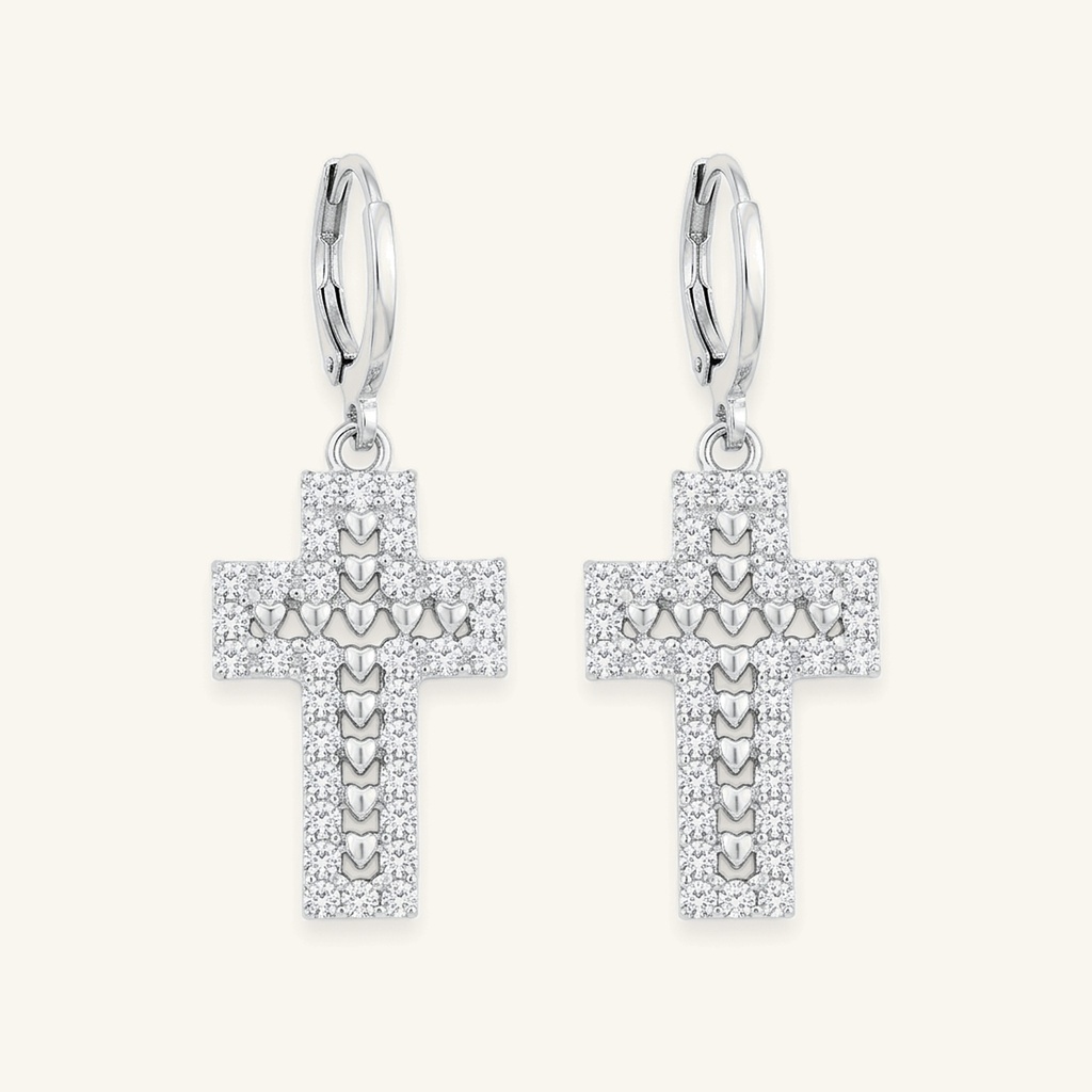 [VACORD036396] Aretes Cruz Corazones Brillantes · Baño de Rodio