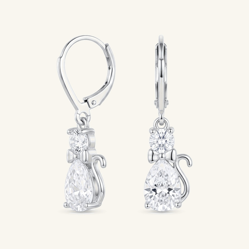 [VACORD036402] Aretes Gatito Cristal Brillante · Baño de Rodio