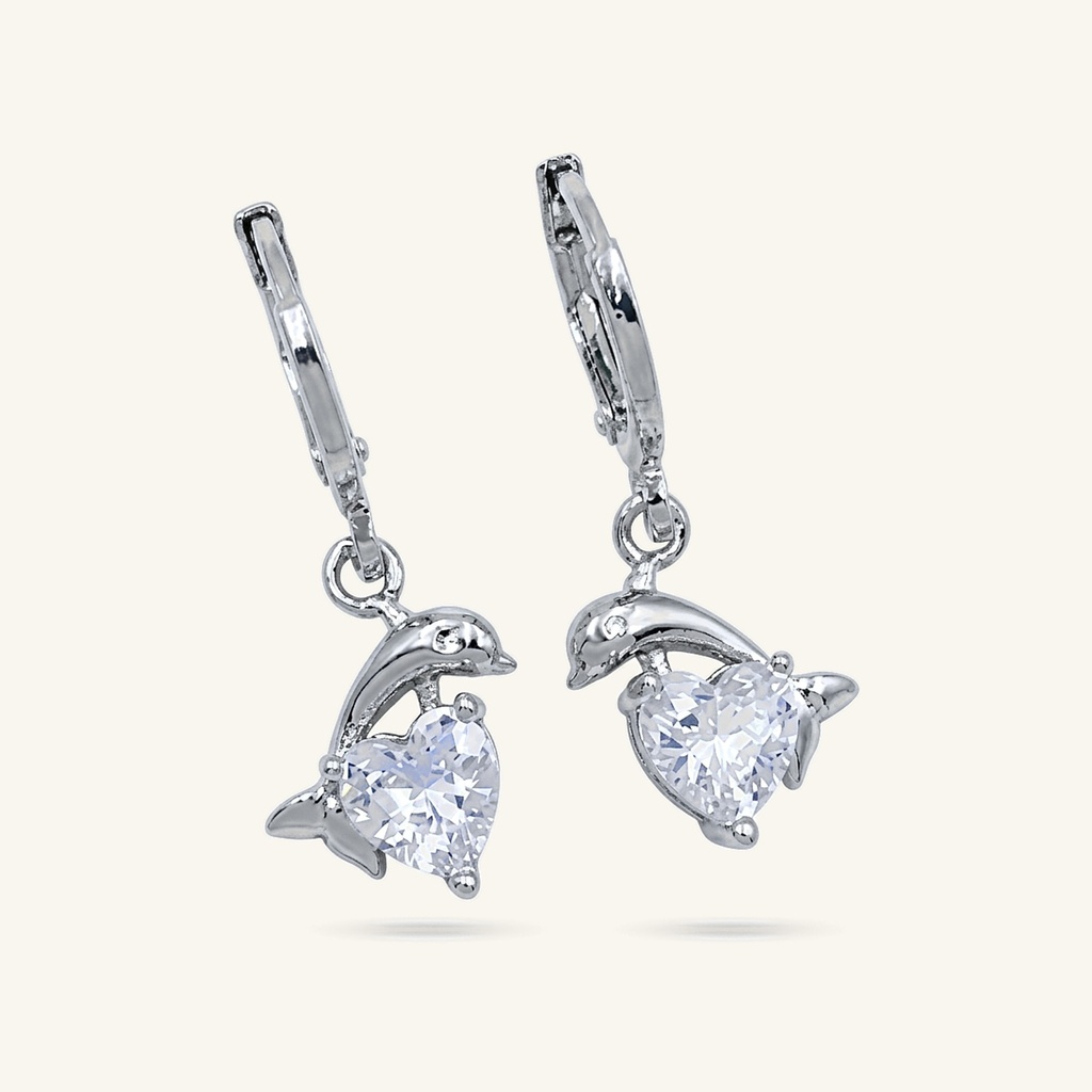 [VACORD036403] Aretes Delfín Corazón Cristal · Baño de Rodio