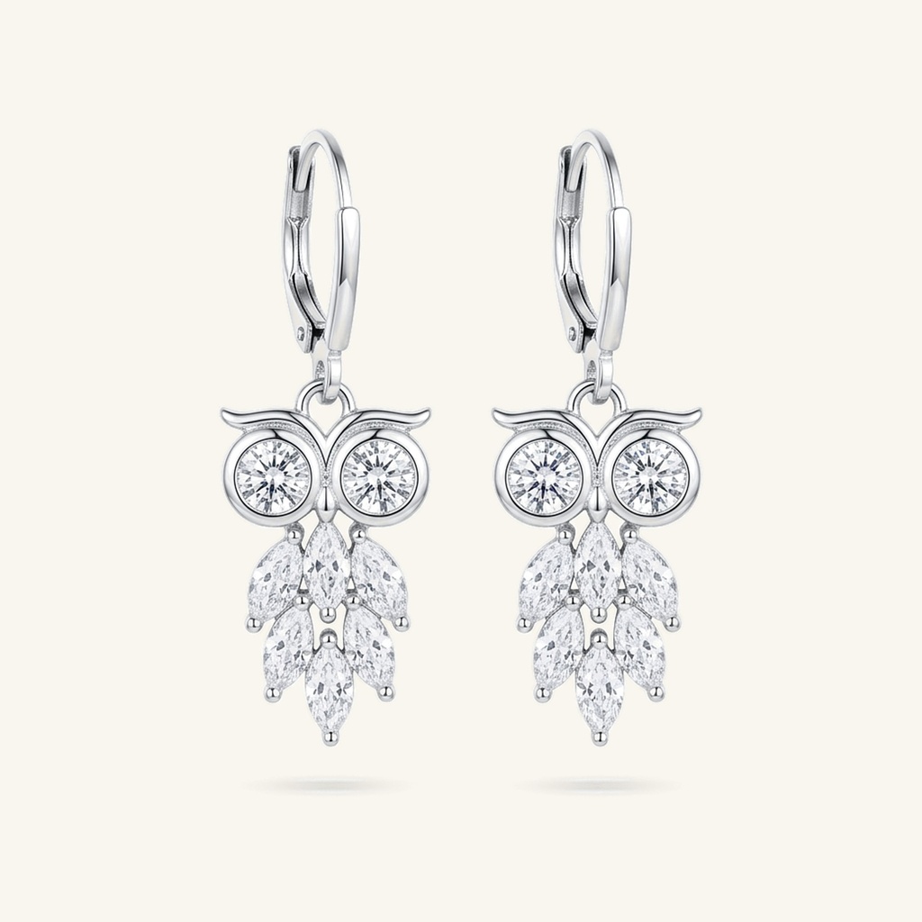 [VACORD036406] Aretes Búho Brillante · Baño de Rodio