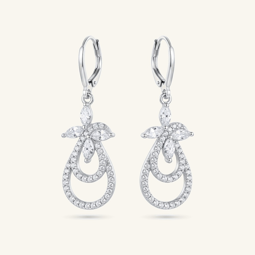 [VACORD036429] Aretes Doble Gota Floral · Baño de Rodio
