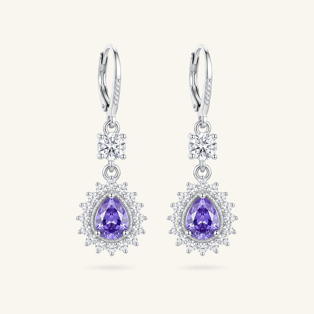 Aretes Gota Violeta Radiante · Baño de Rodio