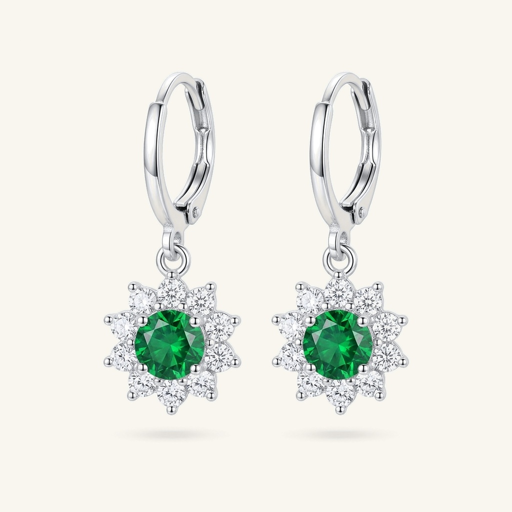 [VACORD036523] Aretes Flor Verde Esmeralda · Baño de Rodio