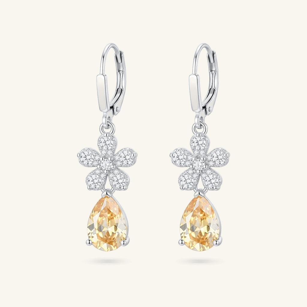 [VACORD036539] Aretes Flor Gota Champagne · Baño de Rodio