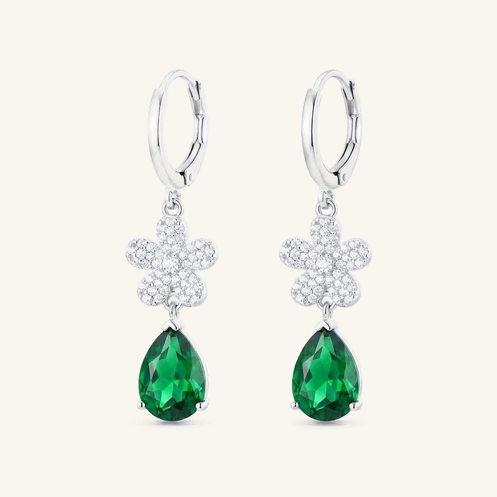[VACORD036541] Aretes Flor Gota Esmeralda · Baño de Rodio