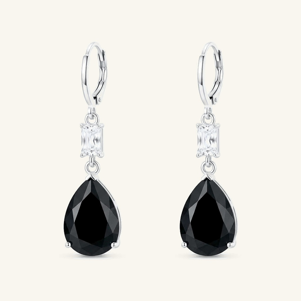 Aretes Gota Cristal Negro · Baño de Rodio