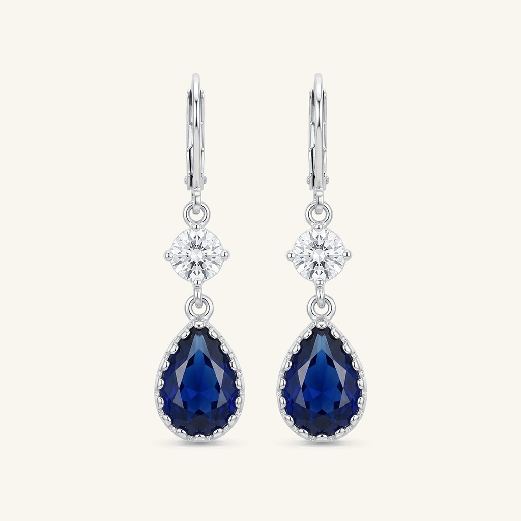 Aretes Gota Azul Zafiro · Baño de Rodio