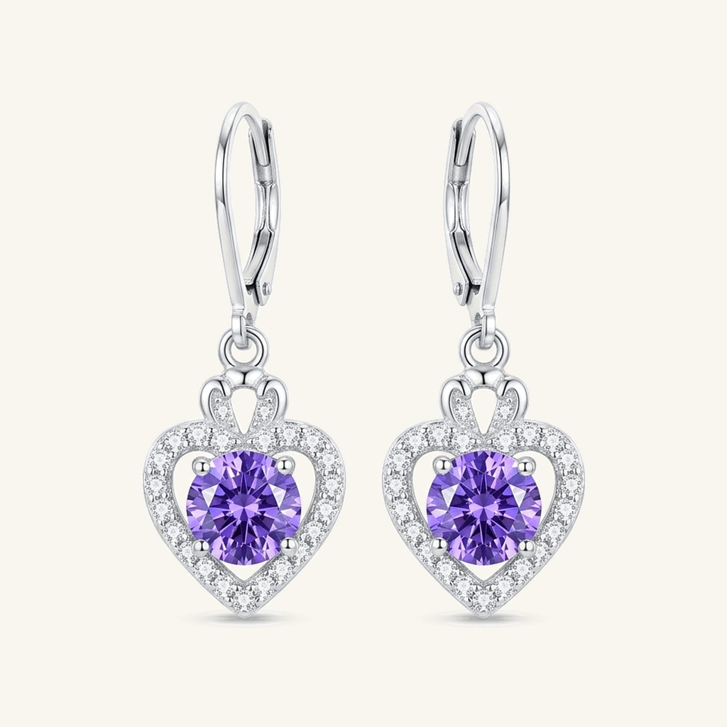 [VACORD036555] Aretes Corazón Amatista Brillante · Baño de Rodio