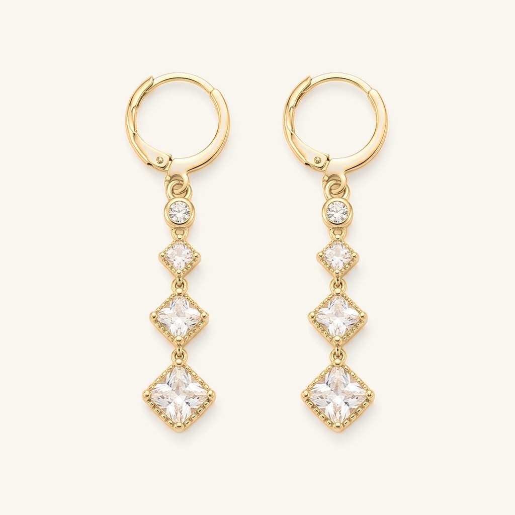 [VACOOL036123] Aretes Cascada Rombos Cristal · Oro Laminado 18K