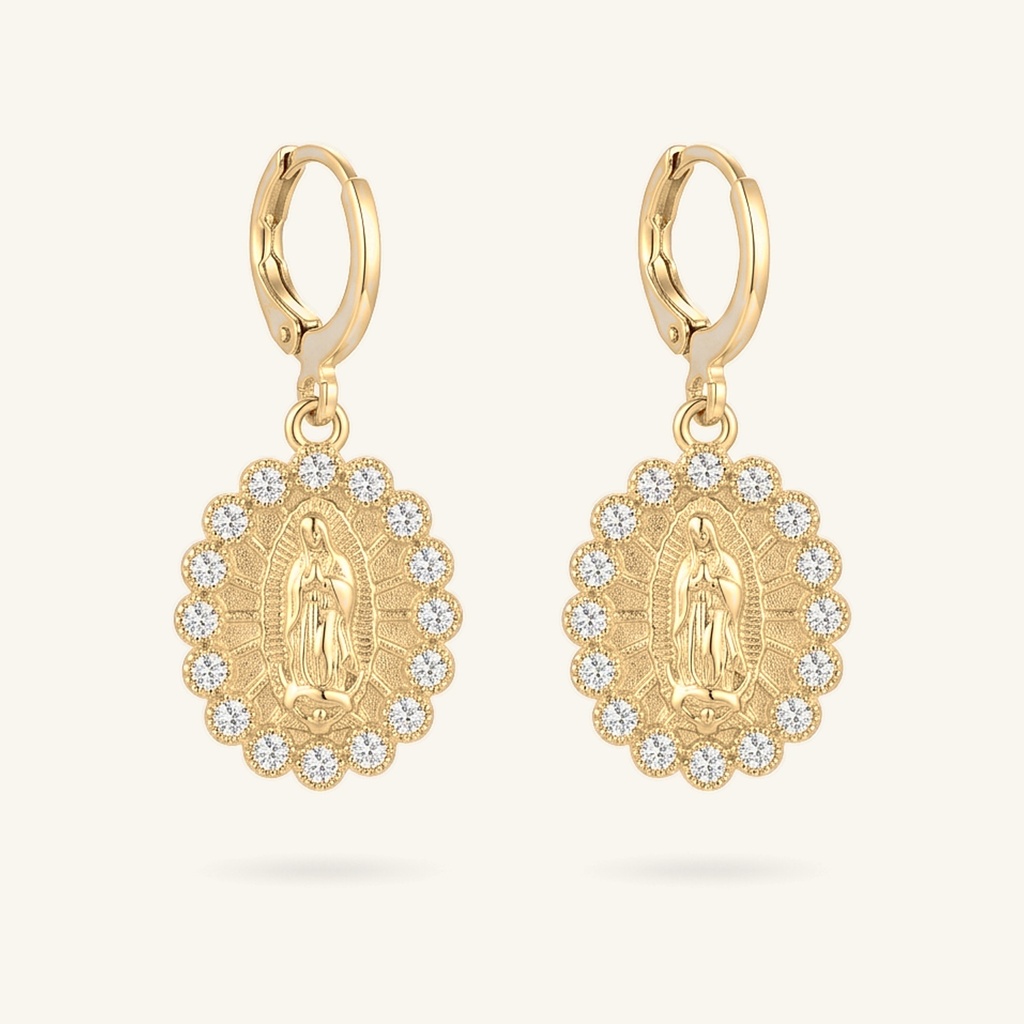 Aretes Medalla Guadalupana · Oro Laminado 18K