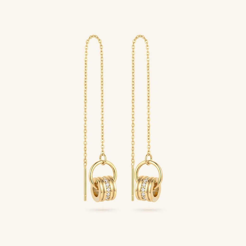 Aretes Cadena Cilindro Cristales · Oro Laminado 18K