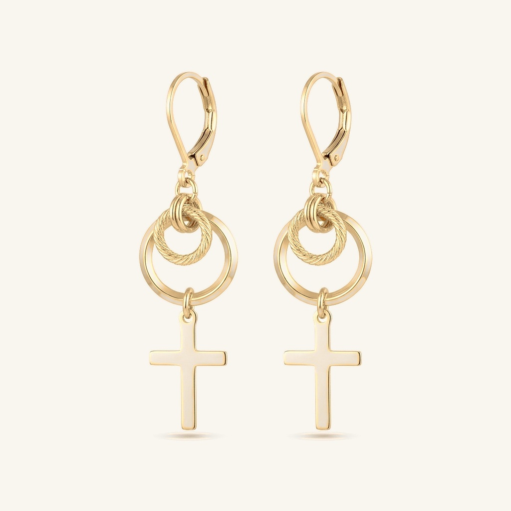 [VACOOL036160] Aretes Cruz y Aros · Oro Laminado 18K