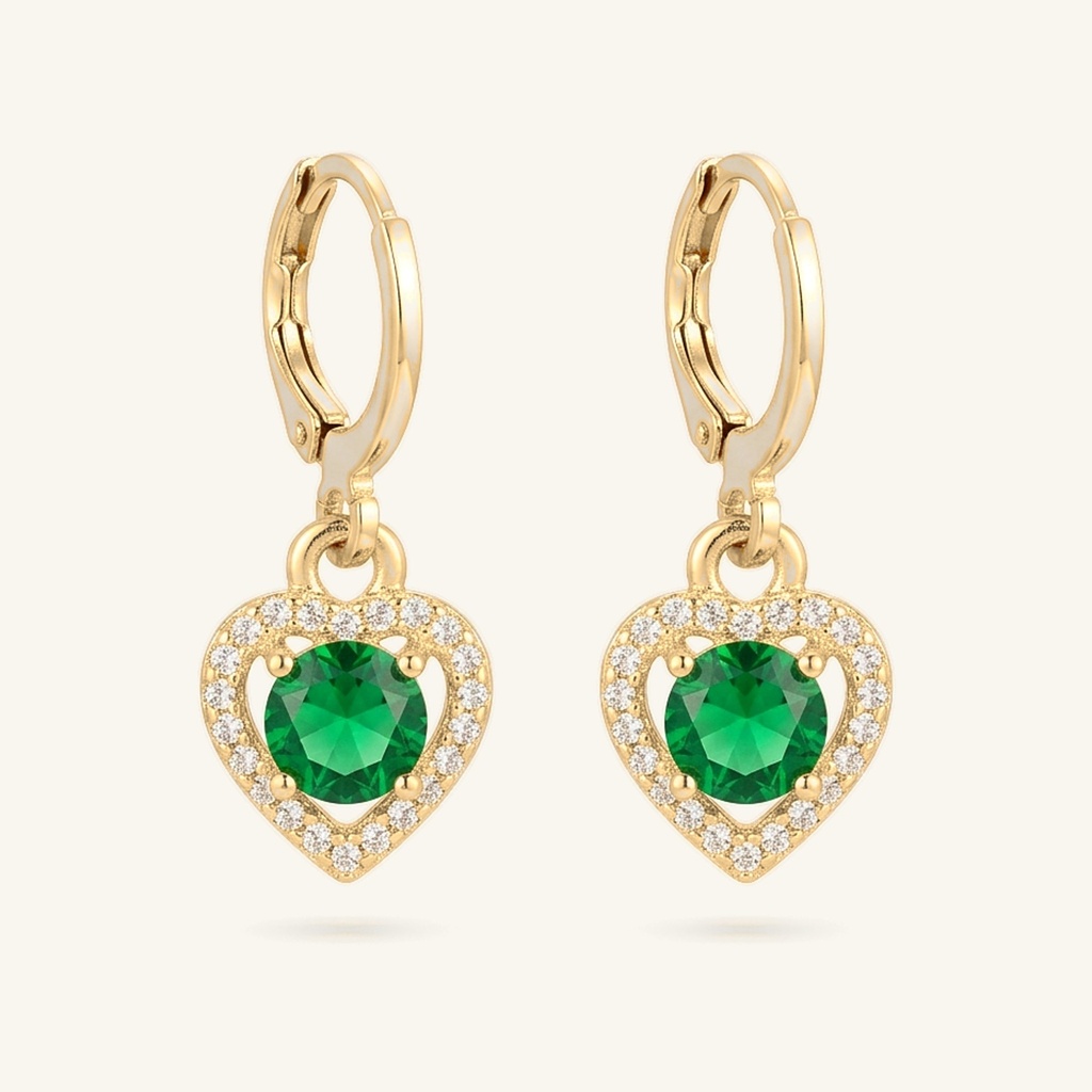 [VACOOL036177] Aretes Corazón Verde Esmeralda · Oro Laminado 18K