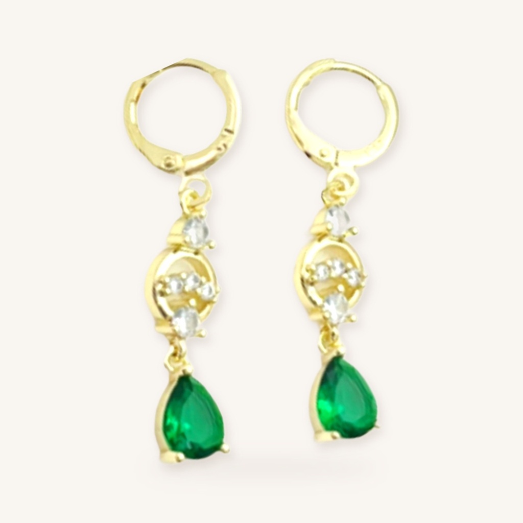 Aretes Colgantes Gota Tono Esmeralda · Oro Laminado 18K