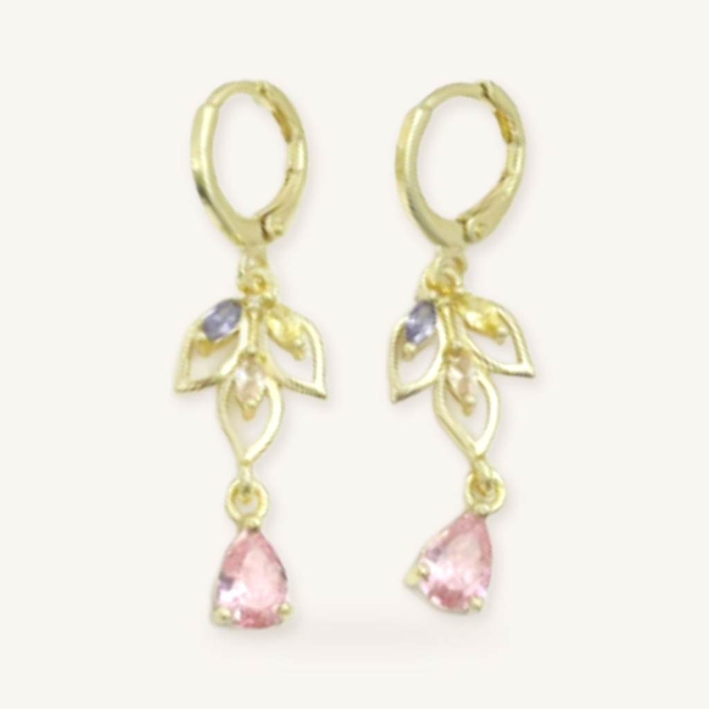 [VACOOL036209] Aretes Hojas Gota Rosa · Oro Laminado 18K