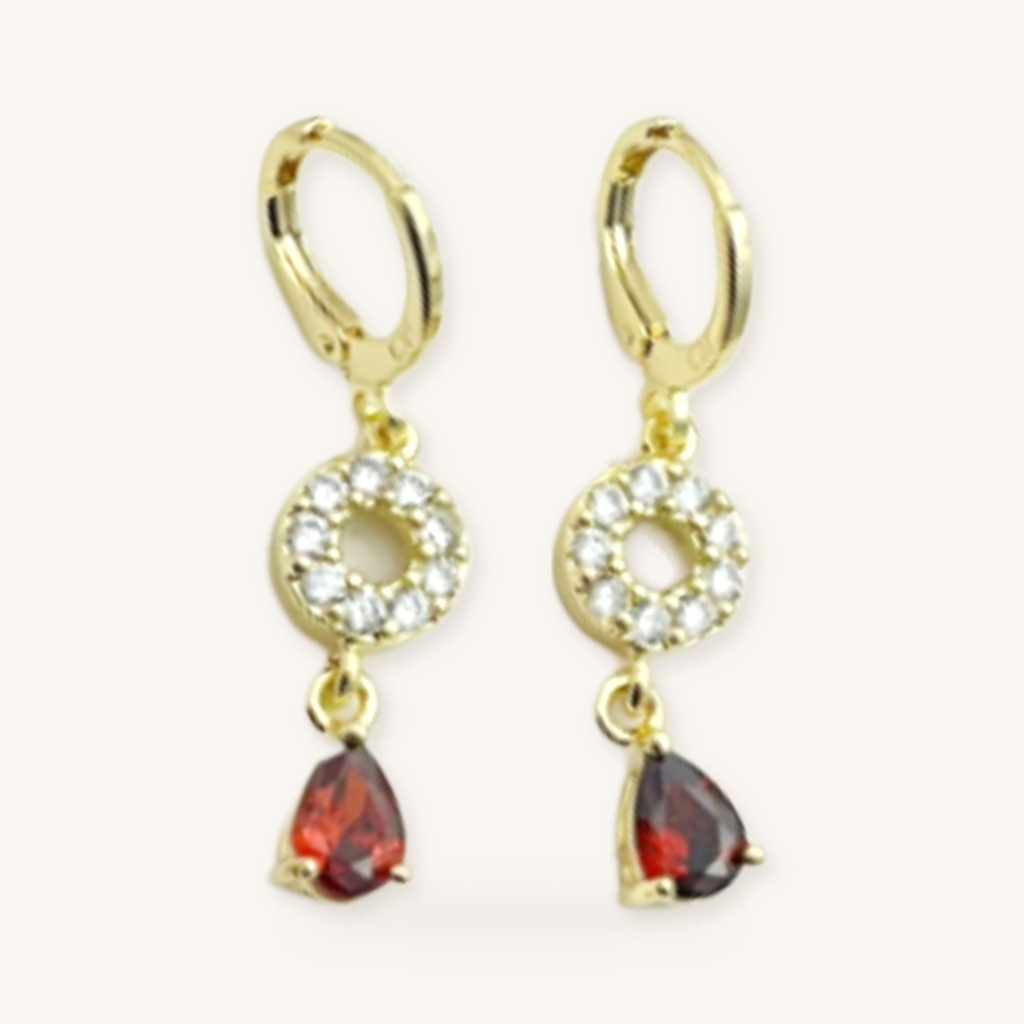 Aretes Círculo Gota Rubí · Oro Laminado 18K