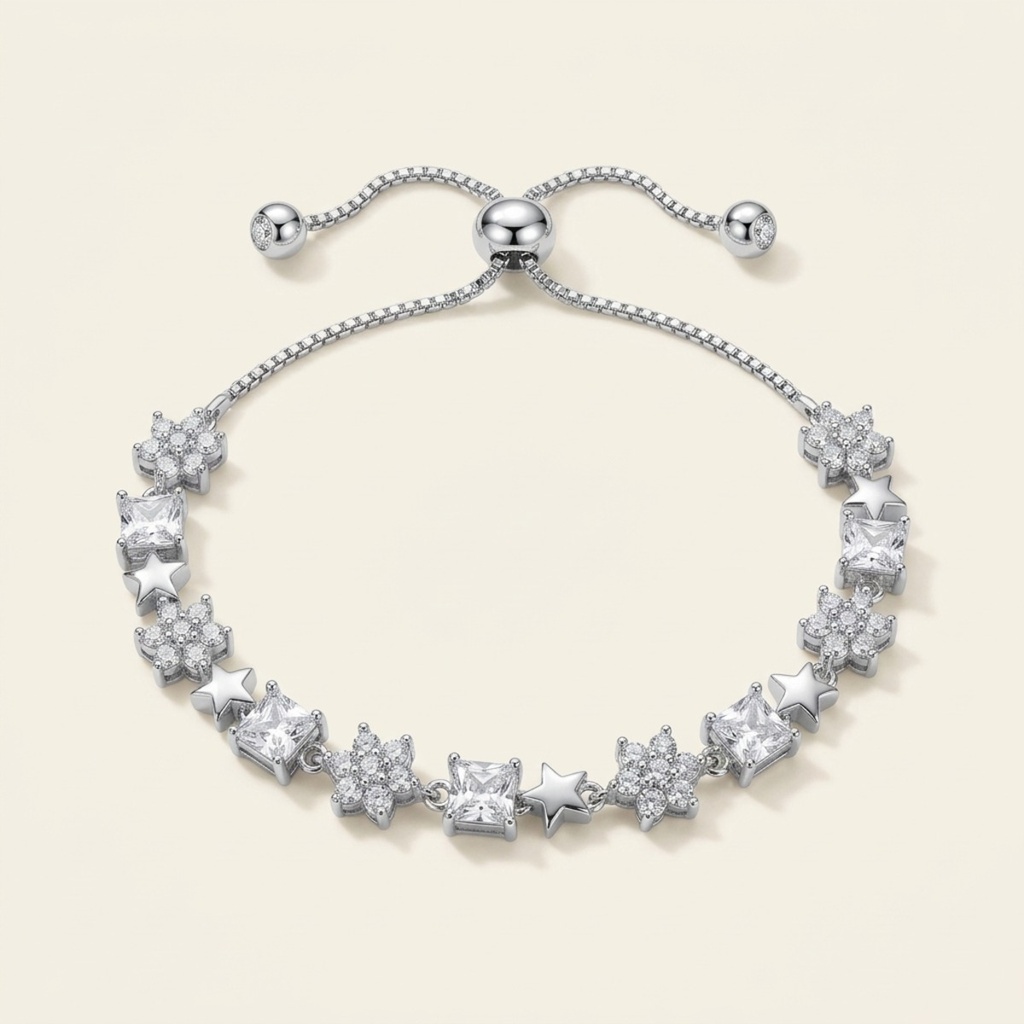 [VPULRD0906036] Pulsera Flores y Estrellas · Baño de Rodio