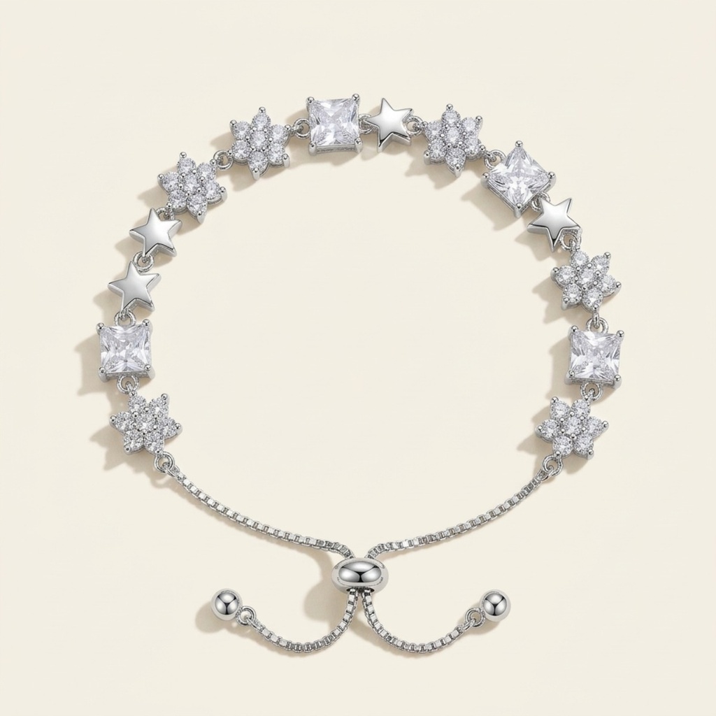 [VPULRD0906037] Pulsera Estrellas y Cristales · Baño de Rodio