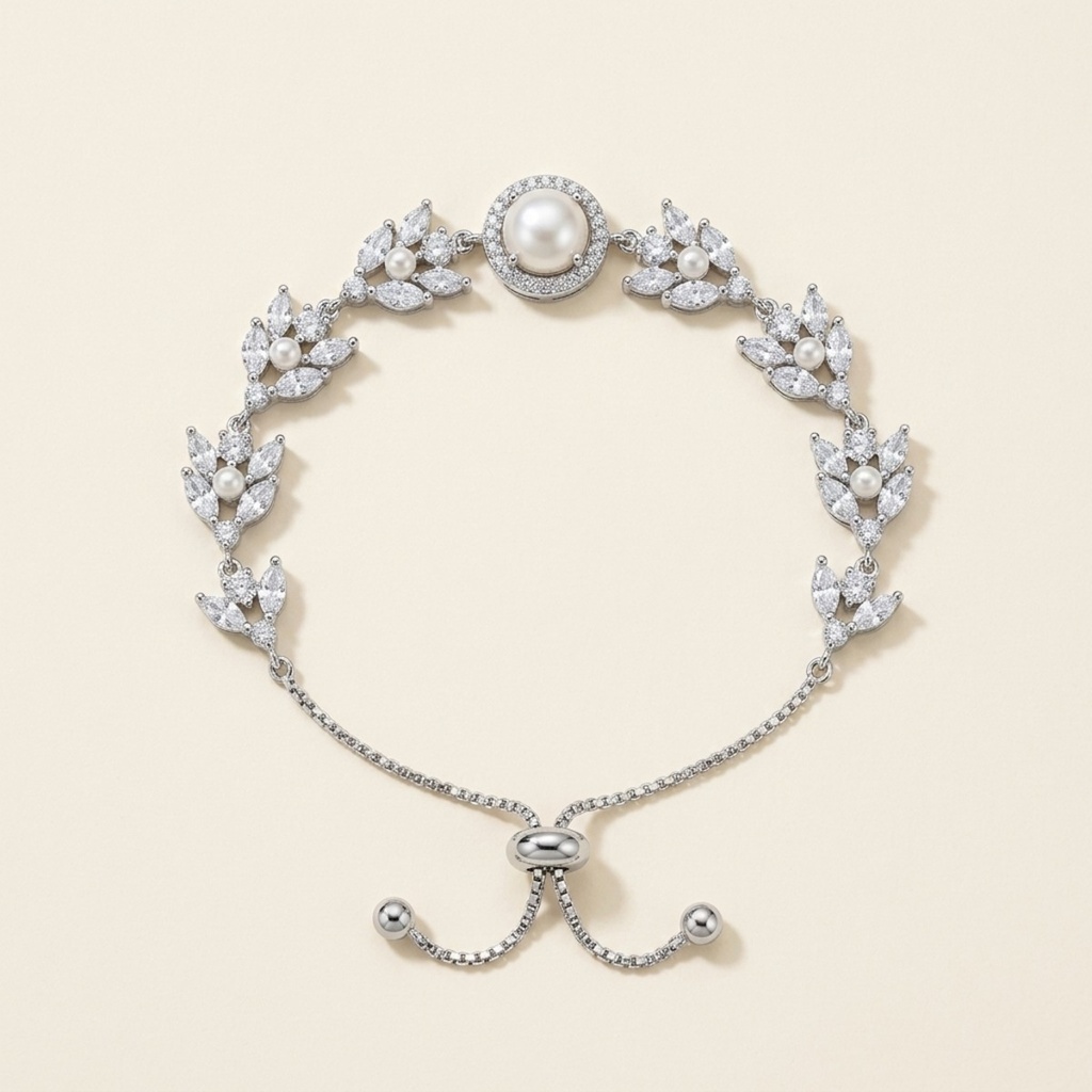 [VPULRD0906048] Pulsera Perla Floral Brillante · Baño de Rodio