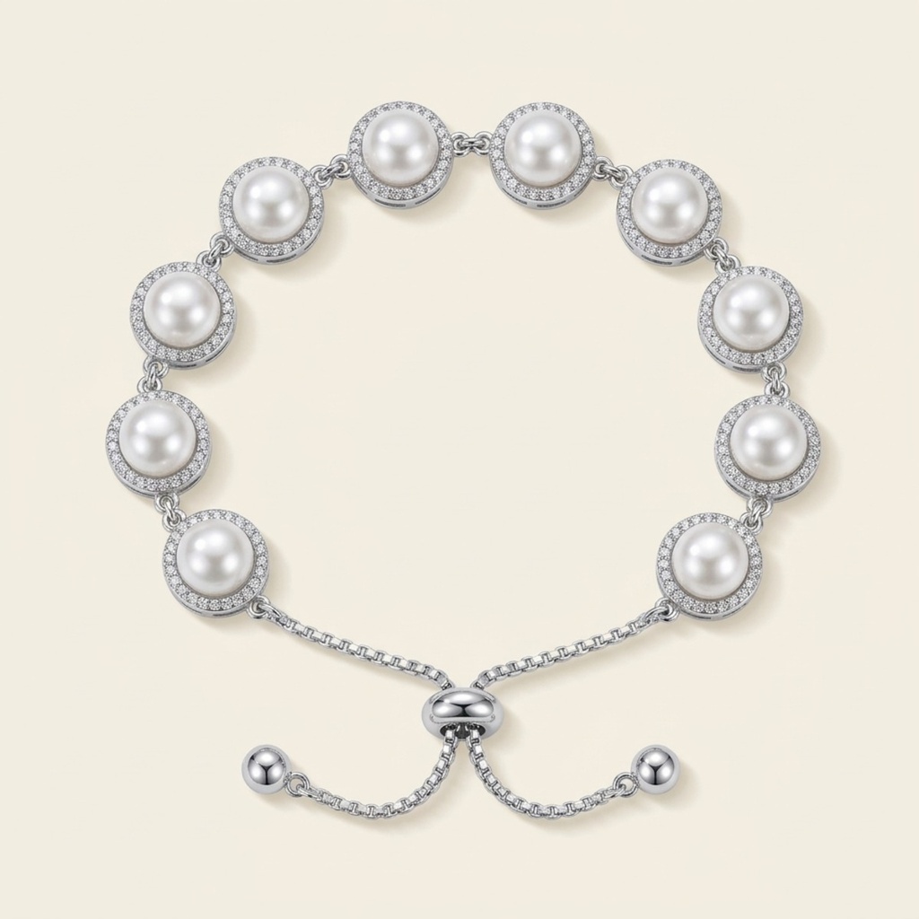 [VPULRD0906049] Pulsera Perlas Halo Radiante · Baño de Rodio