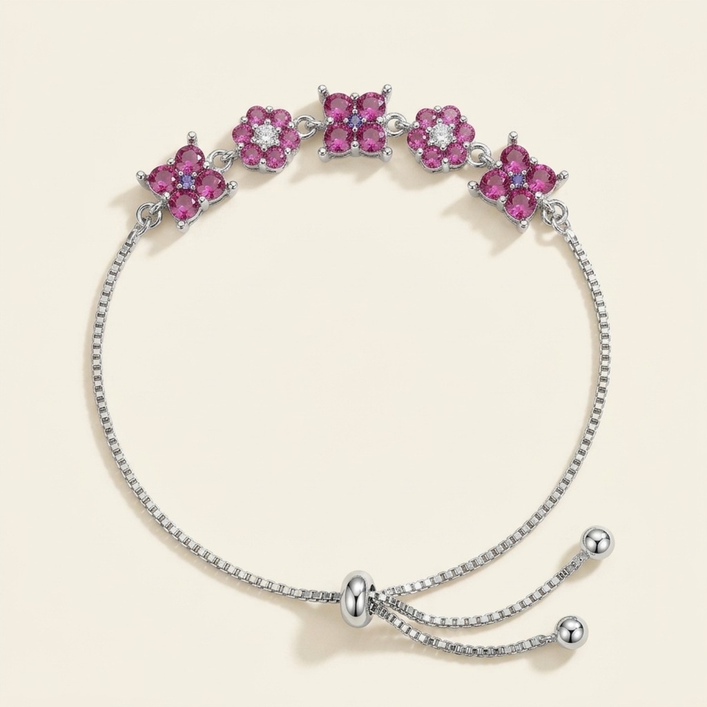 [VPULRD0906050] Pulsera Flores Fucsia Radiante · Baño de Rodio