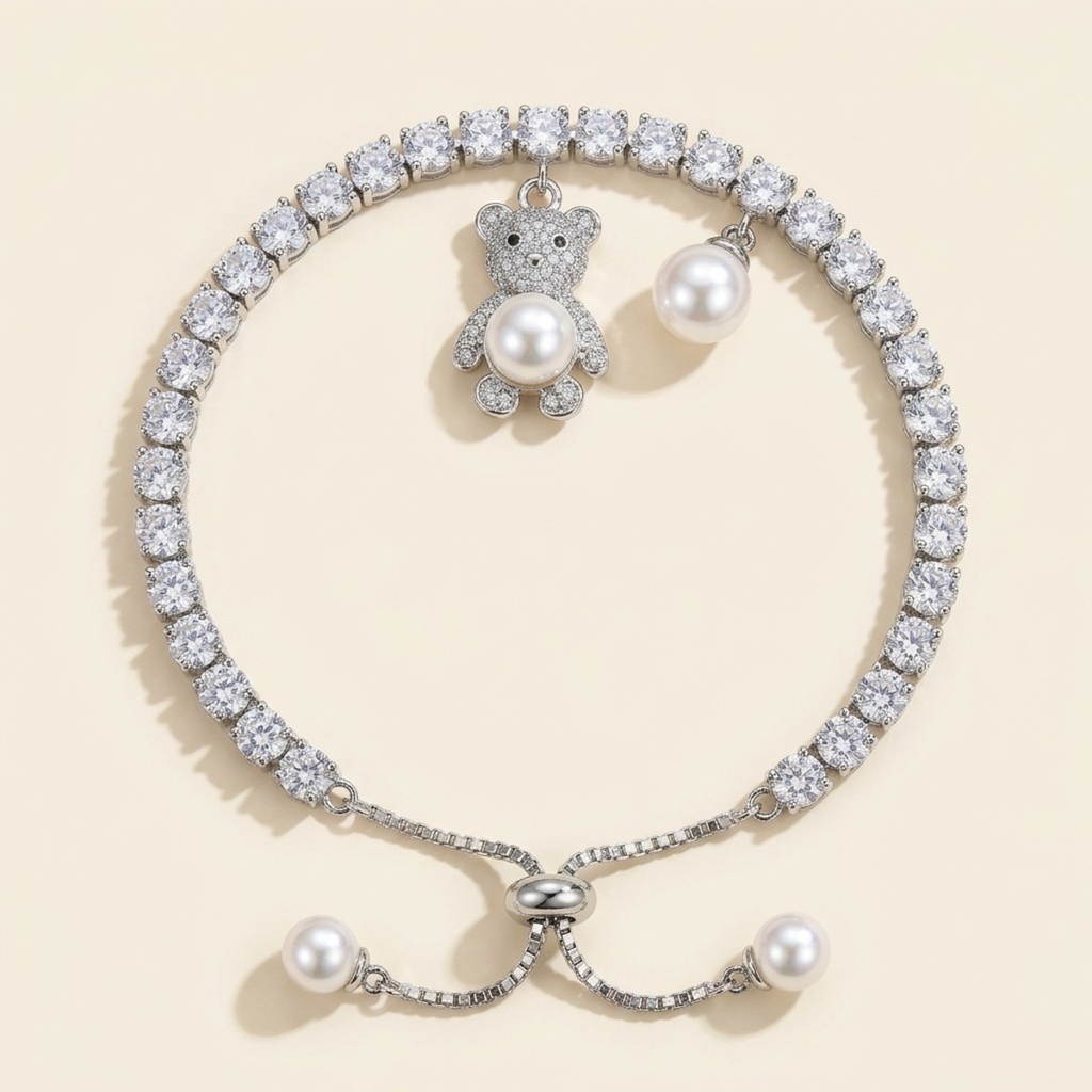 [VPULRD0906051] Pulsera Osito Perla Brillante · Baño de Rodio