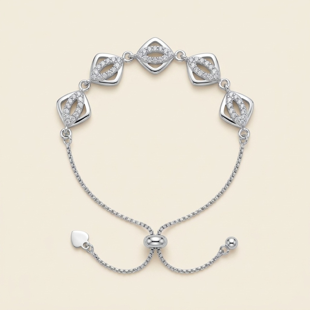 [VPULRD0906072] Pulsera Rombos Brillantes · Baño de Rodio