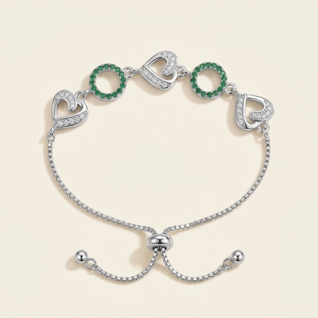 [VPULRD0906086] Pulsera Corazones Verde Esmeralda · Baño de Rodio