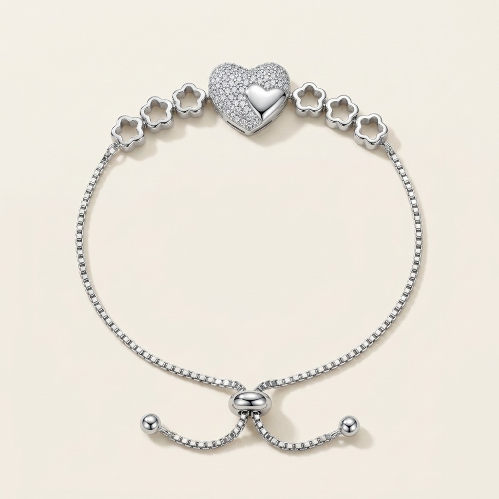 [VPULRD0906092] Pulsera Corazón Floral Brillante · Baño de Rodio