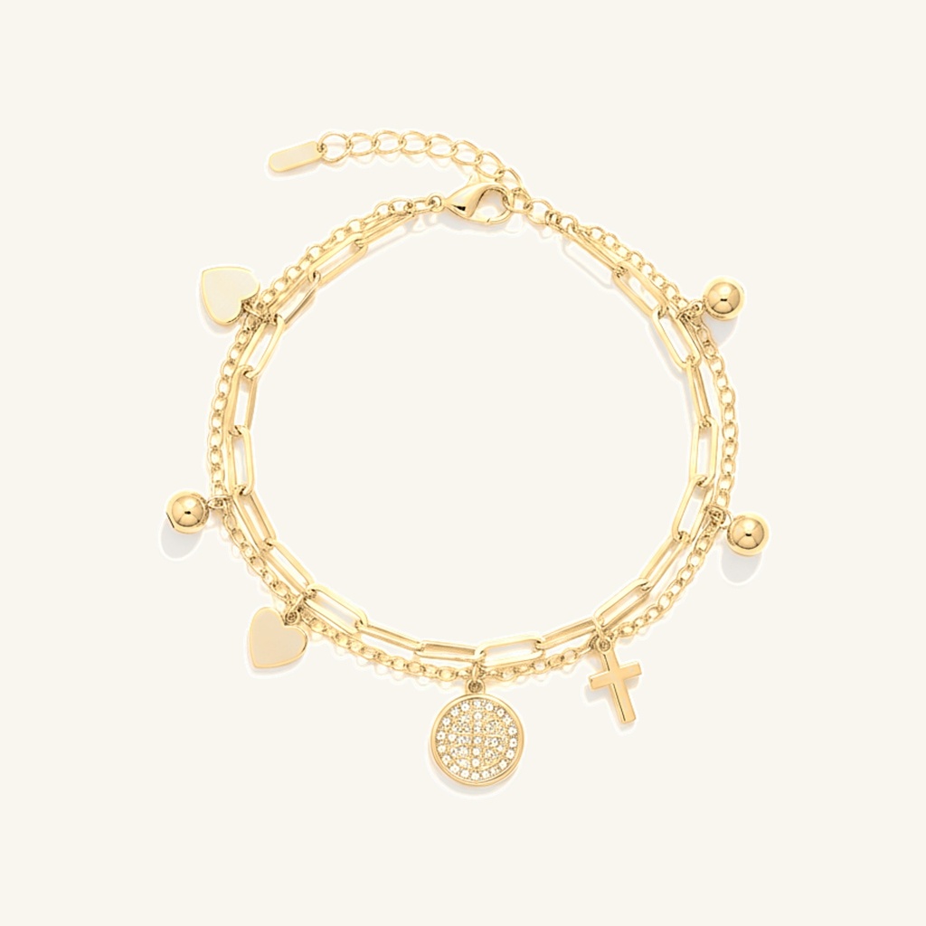 [VPULOL106048] Pulsera Dije Medalla y Corazones · Oro Laminado 18K