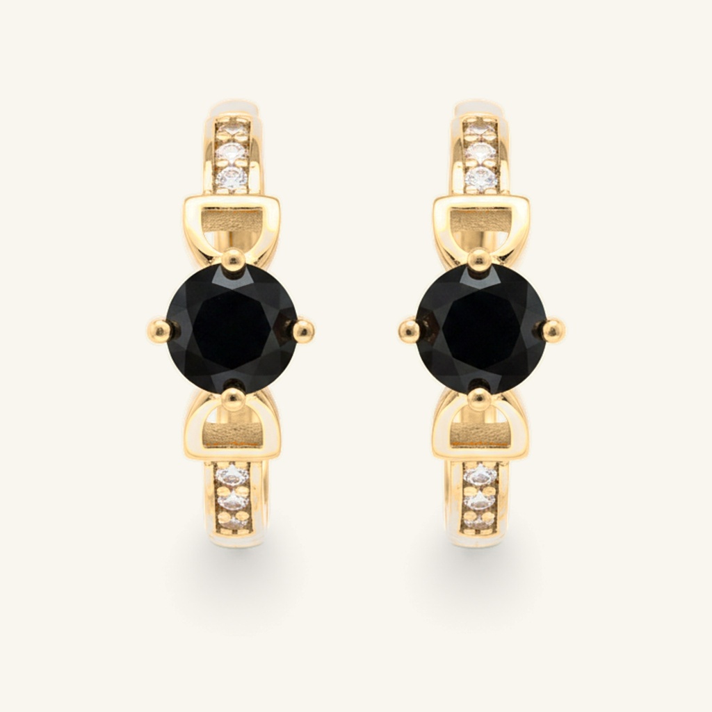 Huggies Solitario Negro y Cristales · Oro Laminado 18K