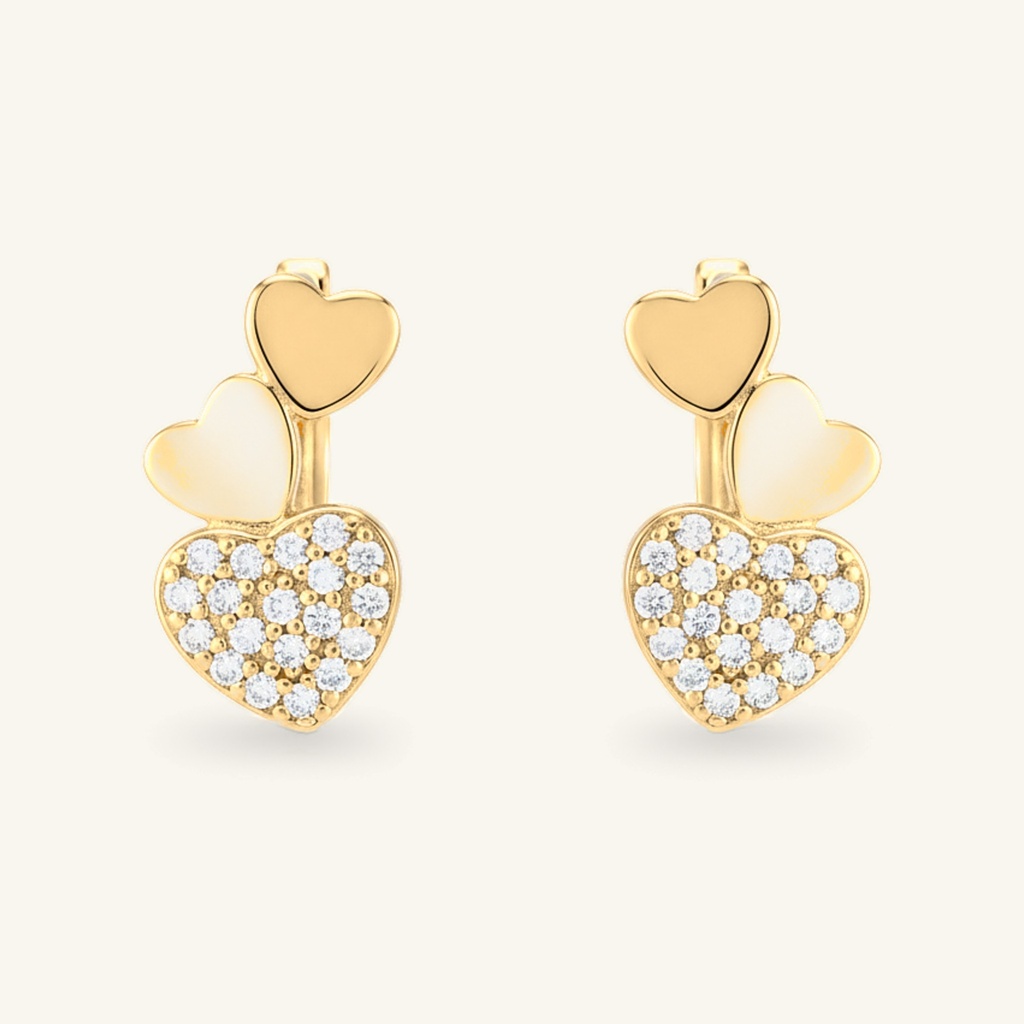 Huggies Trío Corazones Cristales · Oro Laminado 18K