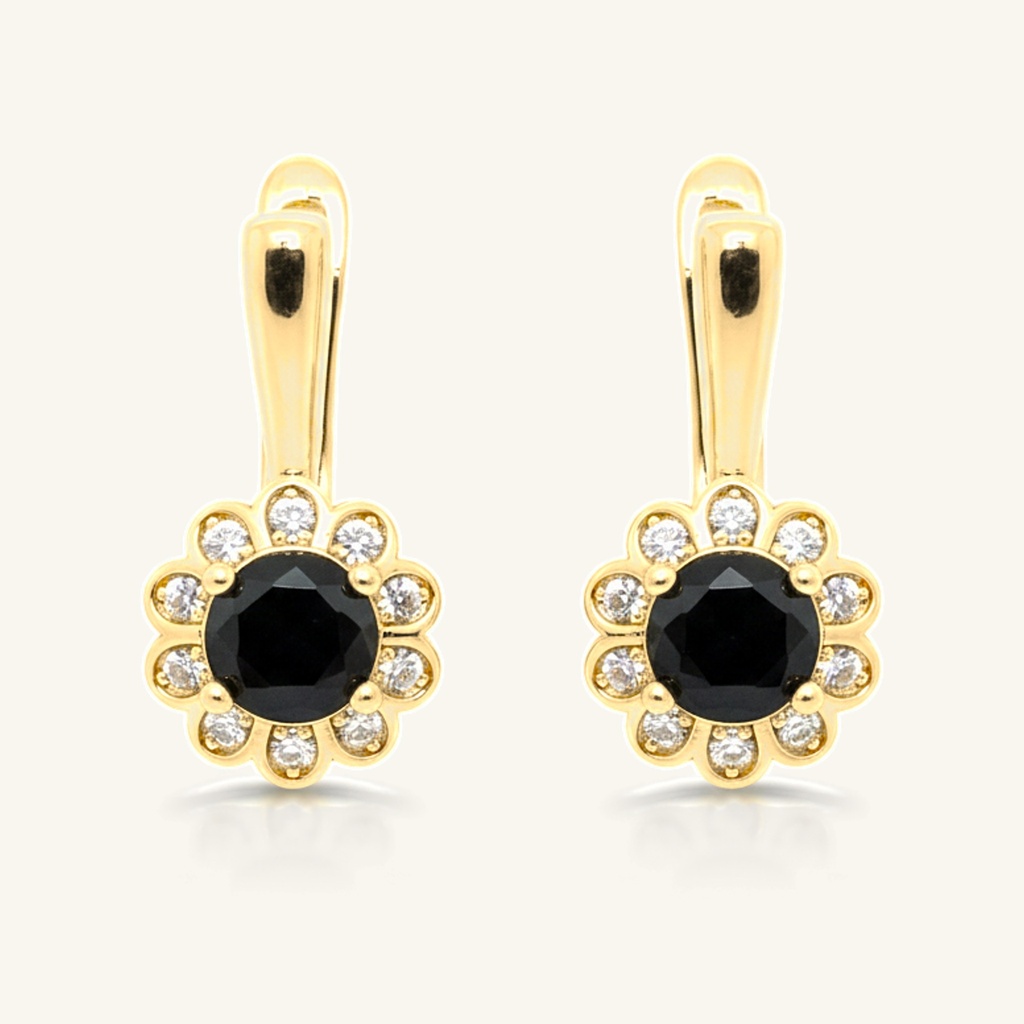 Aretes Flor Ónix · Oro Laminado 18K