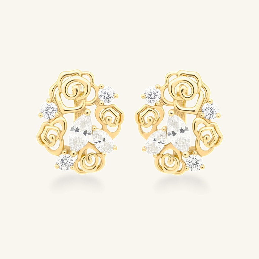 Aretes Rosas y Cristales · Oro Laminado 18K