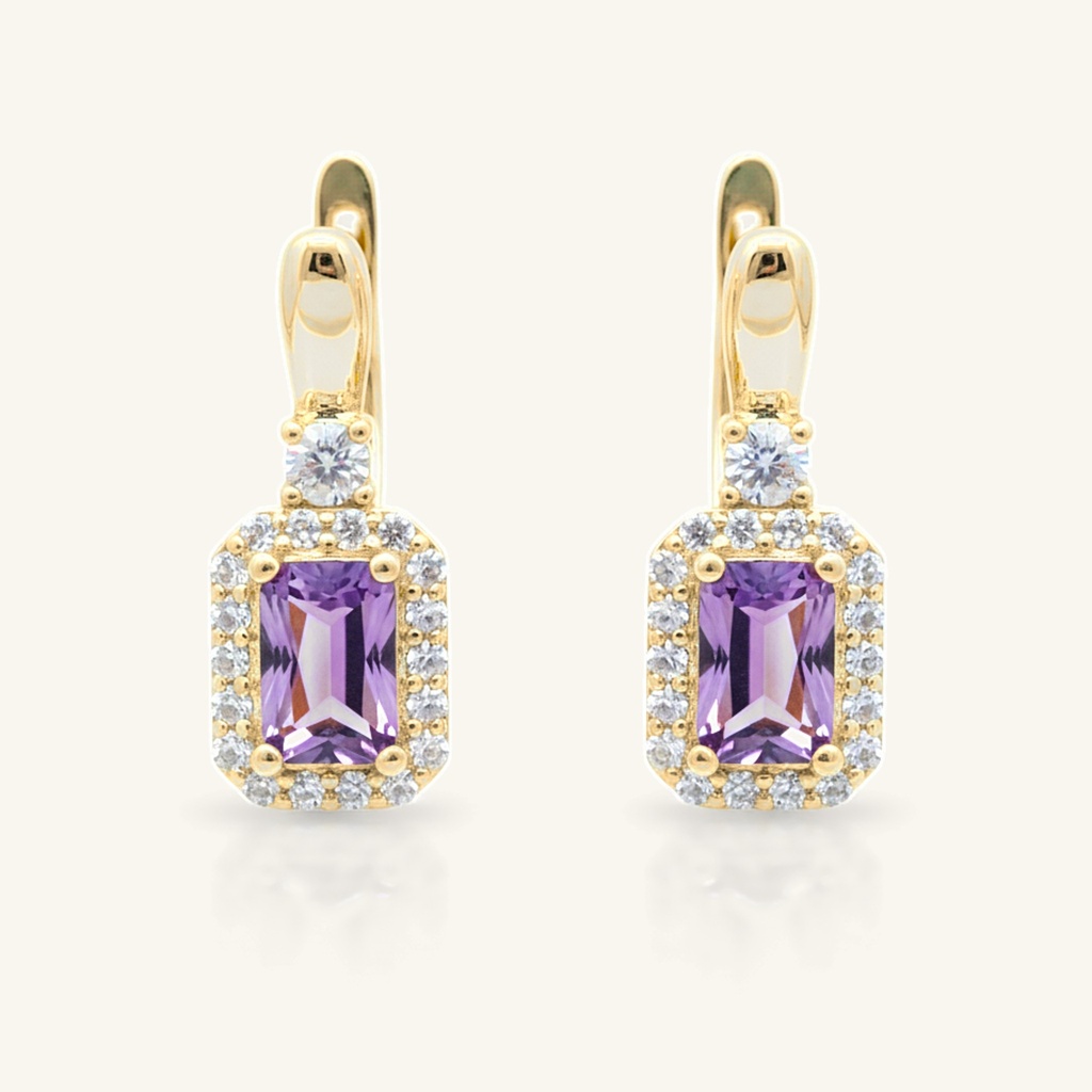 Aretes Rectángulo Tono Amatista Halo · Oro Laminado 18K