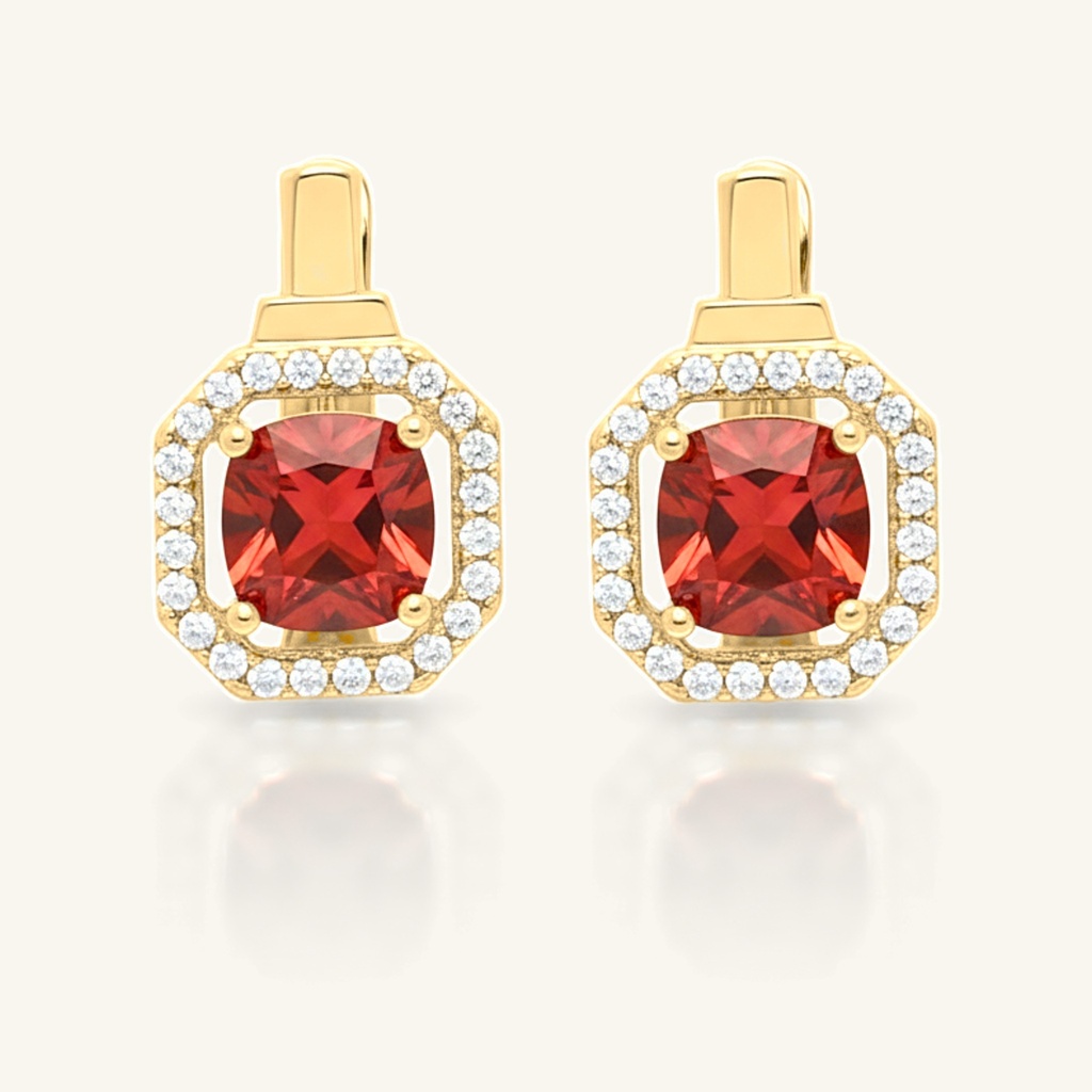 Aretes Octágono Tono Rubí · Oro Laminado 18K