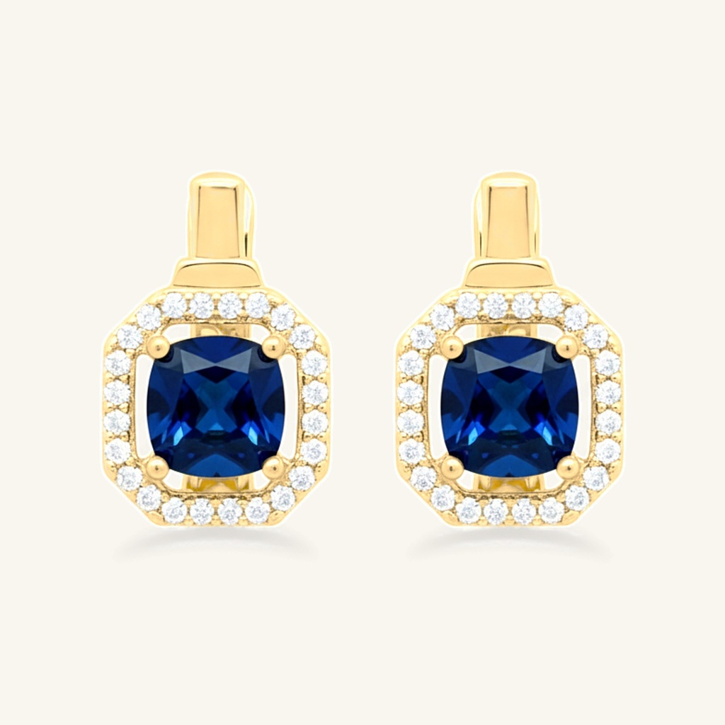 Aretes Octágono Tono Zafiro · Oro Laminado 18K