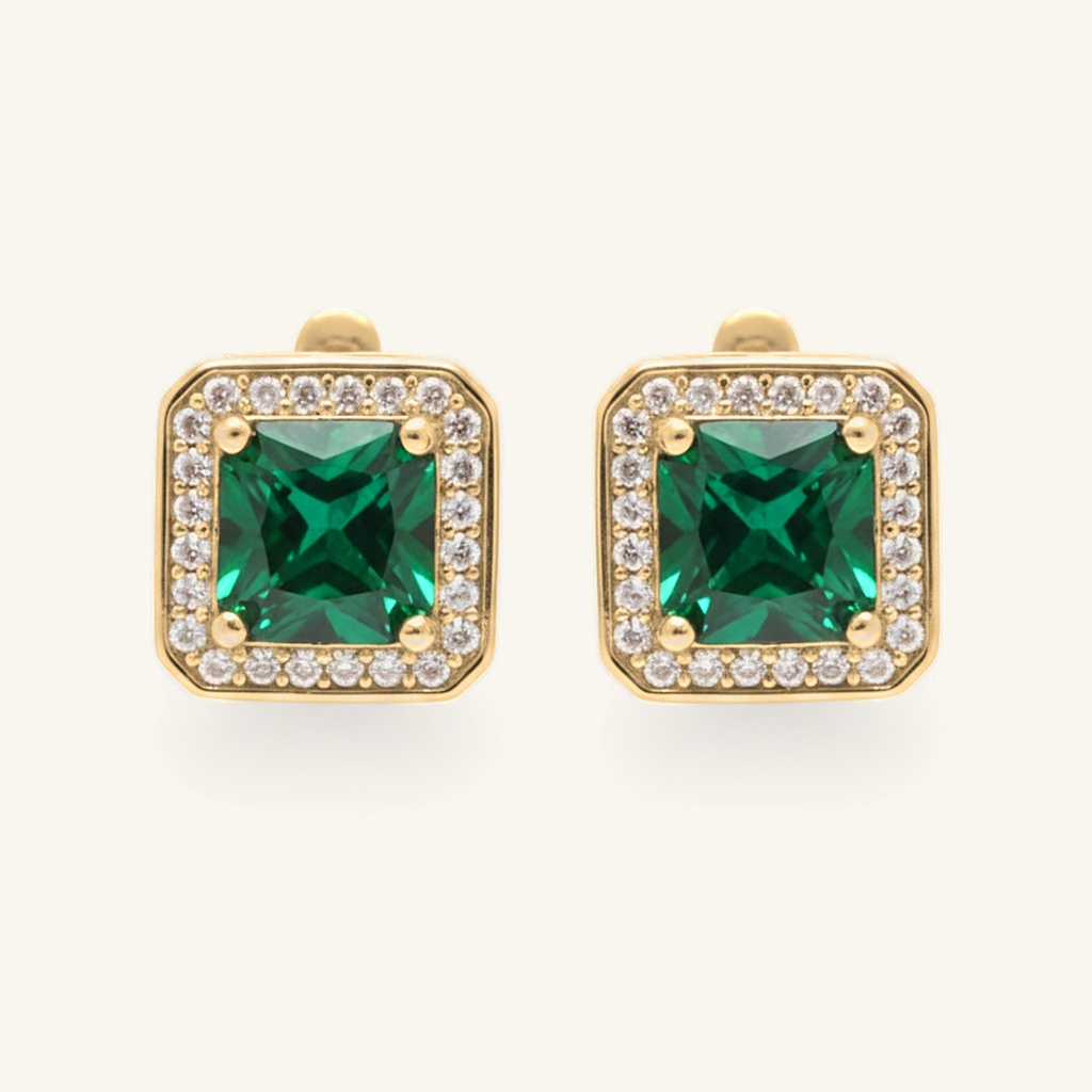 Aretes Cuadrados Esmeralda · Oro Laminado 18K